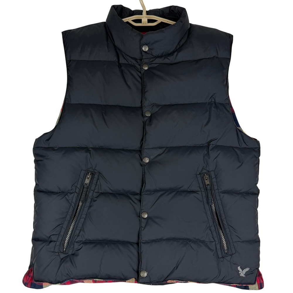 American Eagle Mens L Down Puffer Vest Black Plaid Lined A.E. 01977 Outdoor